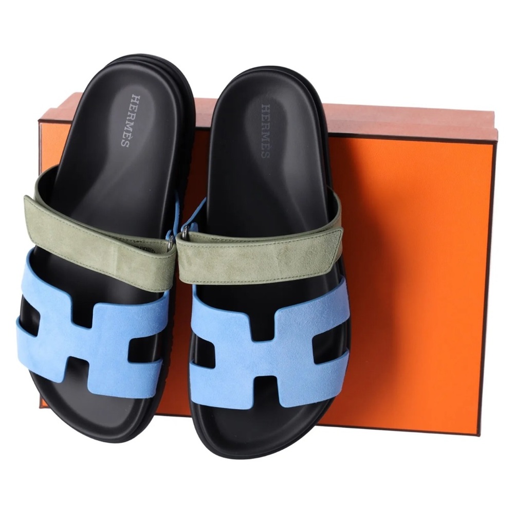 BNIB Hermes Womens Chypre Suede Bleu Cameo Vert Celadon Sandals Size 38 Full Set - Picture 7 of 7